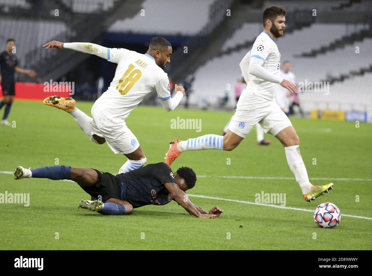 Jordan Amavi of Marseille, Raheem Sterling of Manchester City, Duje Caleta-Car of Marseille during the UEFA Champions League, Group Stage, Group C f C Stock Photo