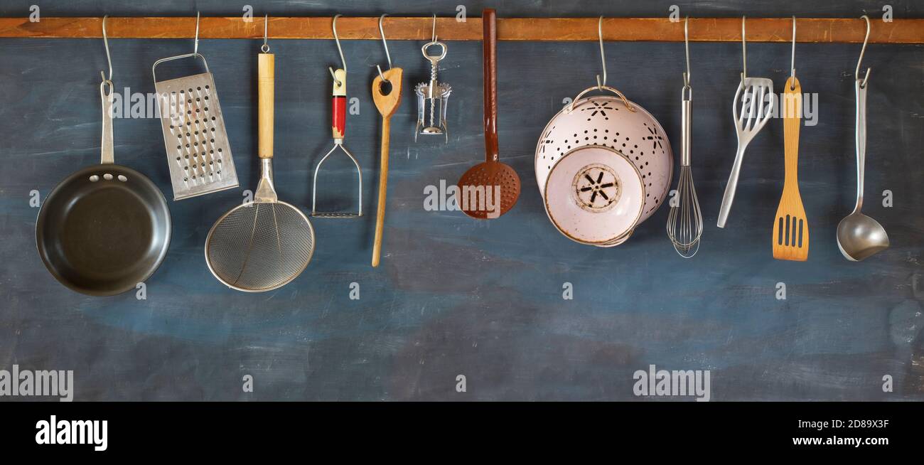 Kitchen utensils for commercial kitchen, restaurant ,cooking, kitchen concept, panoramic large copy space Stock Photo