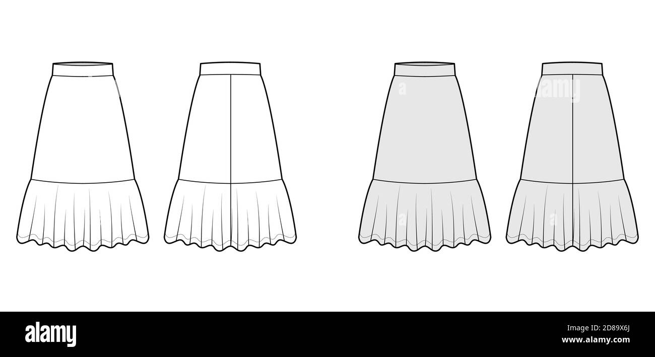 Skirt flounce technical fashion illustration with belowtheknee