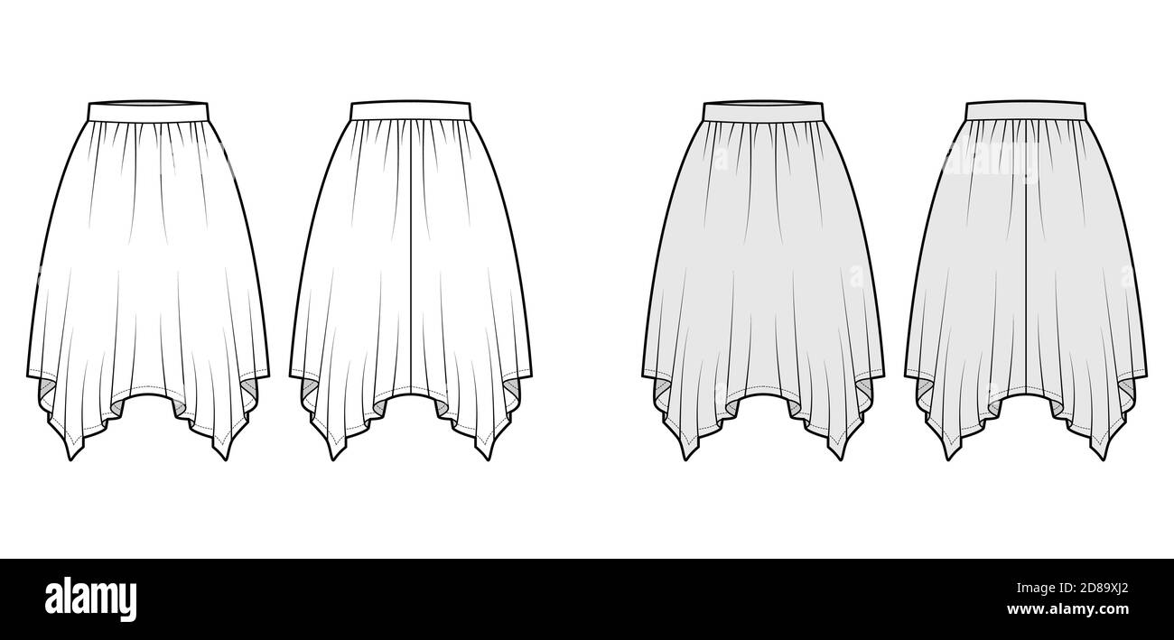Download Skirt Handkerchief Technical Fashion Illustration With Circular Knee Silhouette Pencil Fullness Thin Waistband Flat Bottom Template Front Back White Grey Color Style Women Men Unisex Cad Mockup Stock Vector Image Art