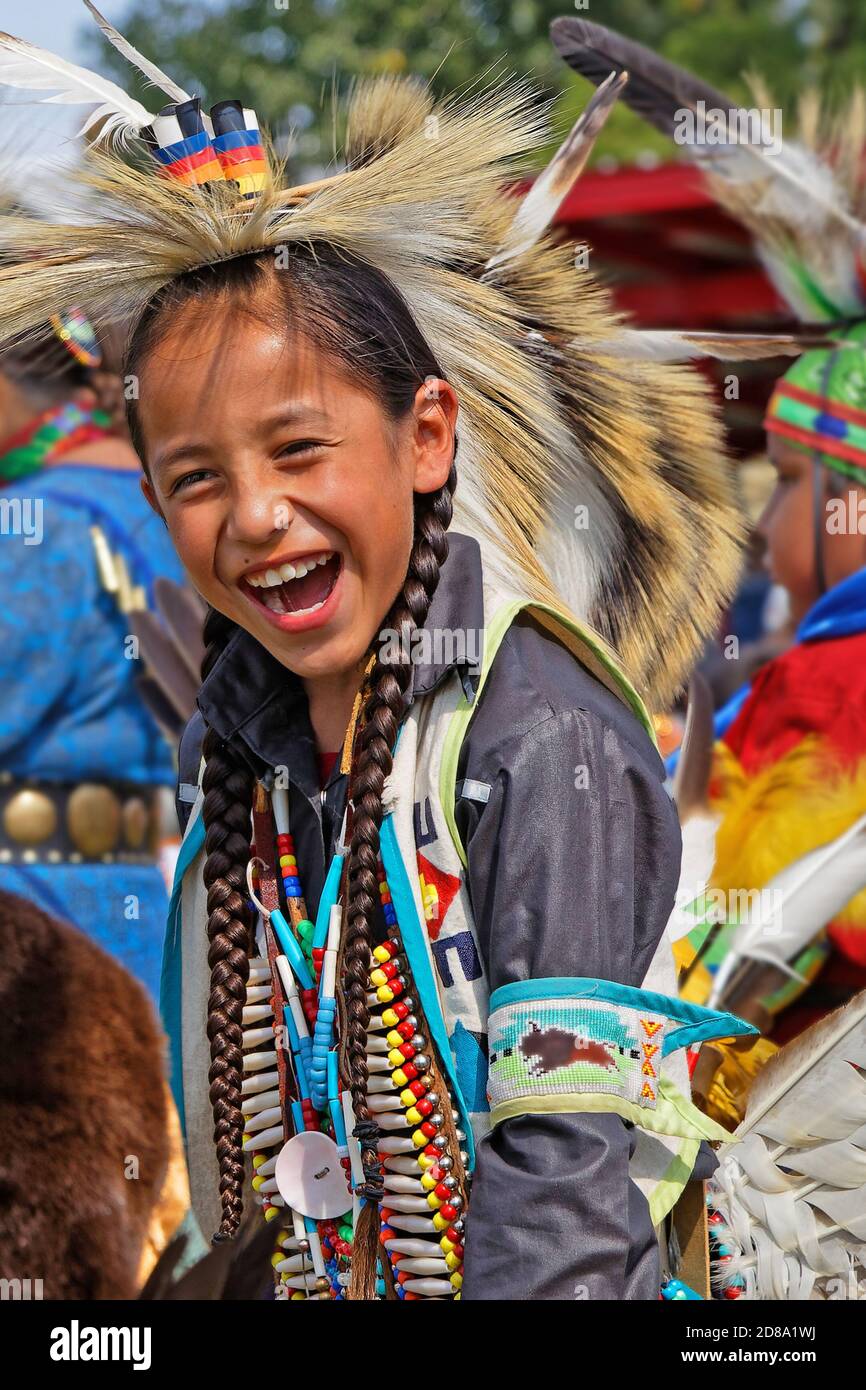 BISMARK, NORTH DAKOTA, September 8, 2018 : Young dancer of the 49th annual United Tribes Pow Wow, one large outdoor event that gathers more than 900 d Stock Photo