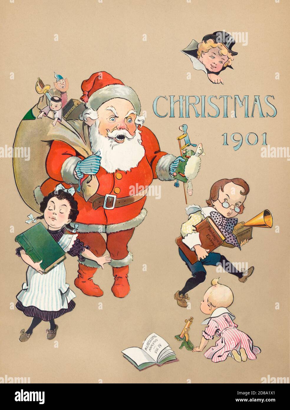 Angry Santa Claus with children at Christmas 1901 Stock Photo