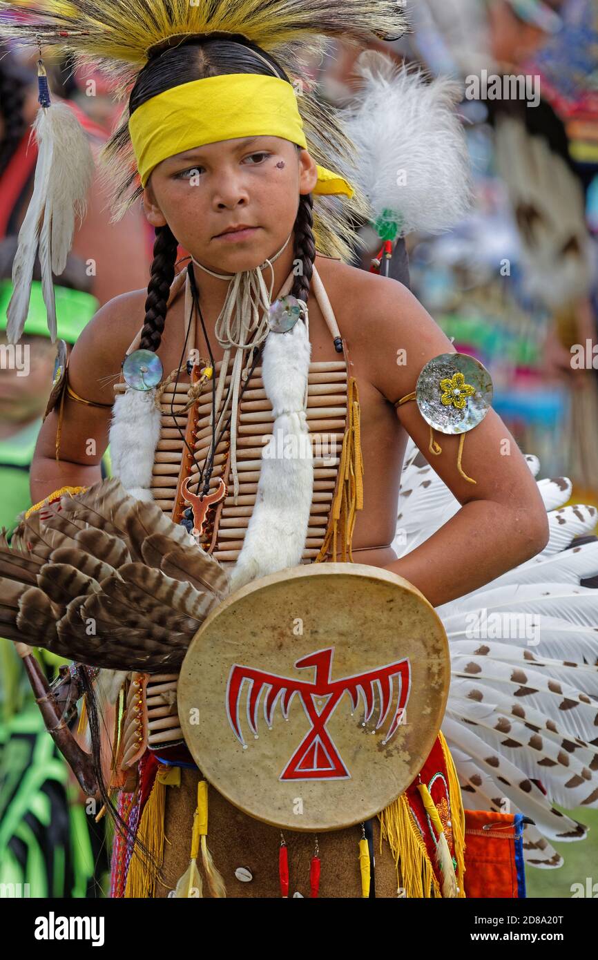 BISMARK, NORTH DAKOTA, September 9, 2018 : Young dancer of the 49th annual United Tribes Pow Wow, one large outdoor event that gathers more than 900 d Stock Photo
