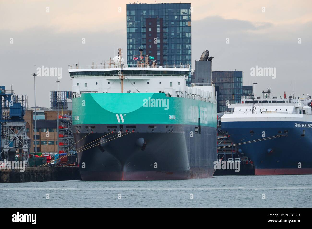 Southampton, Hampshire. 28th October 2020. 11 Stowaways including a pregnant woman have been discovered onboard a vehicles carrier ship called Salome in Southampton Docks today. The Albanian nationals were detained when police were called to Southampton docks this morning. Credit Stuart Martin/Alamy Live News Stock Photo