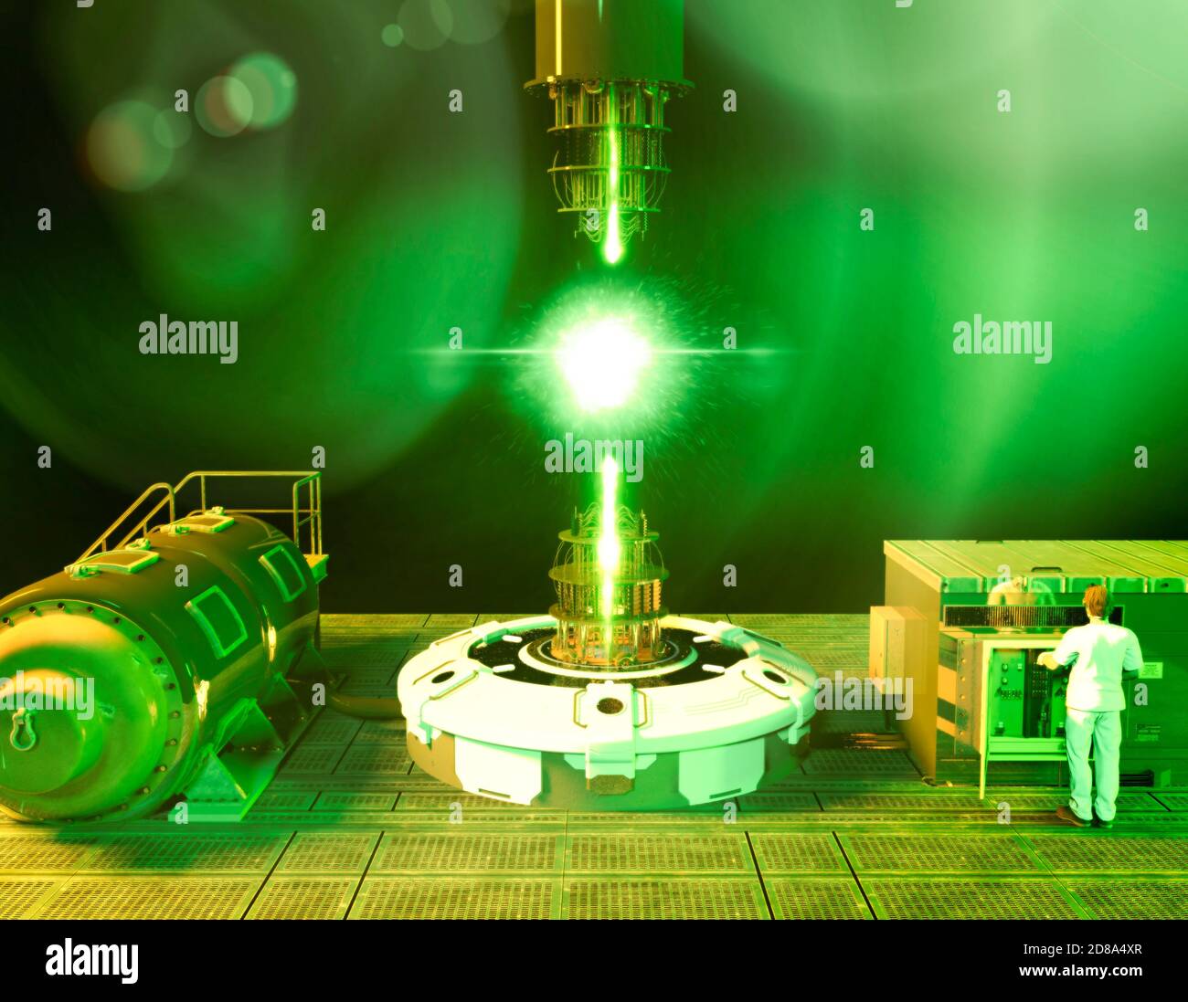 Energy flow, energy catalyst. Laboratory and experimentation, particle physics. Cern. Sci-fi. Science fiction. Transmit large amounts of energy power. Stock Photo