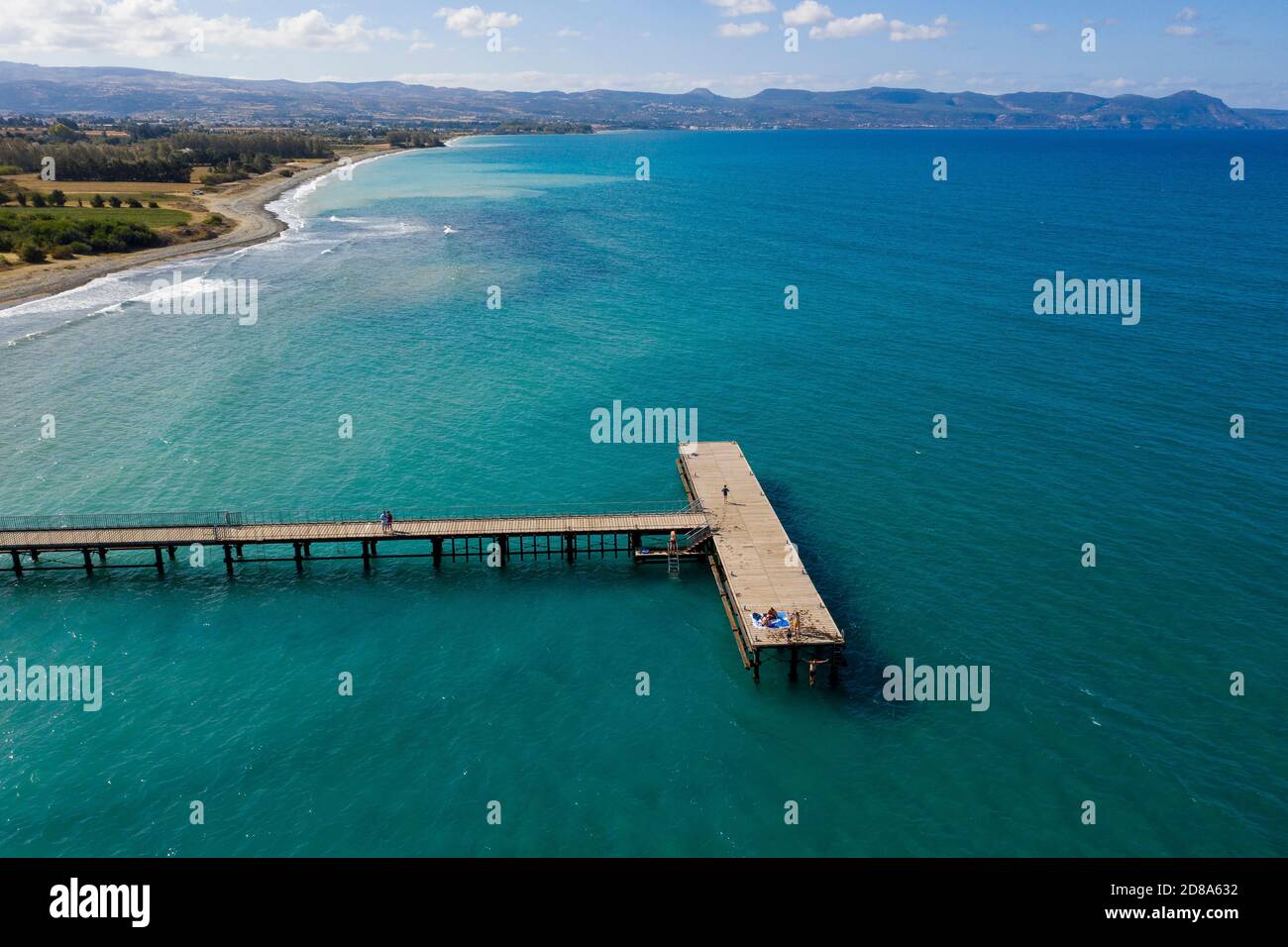 Aerial view of swimmers on Limni Pier near Argaka, Cyprus. Stock Photo