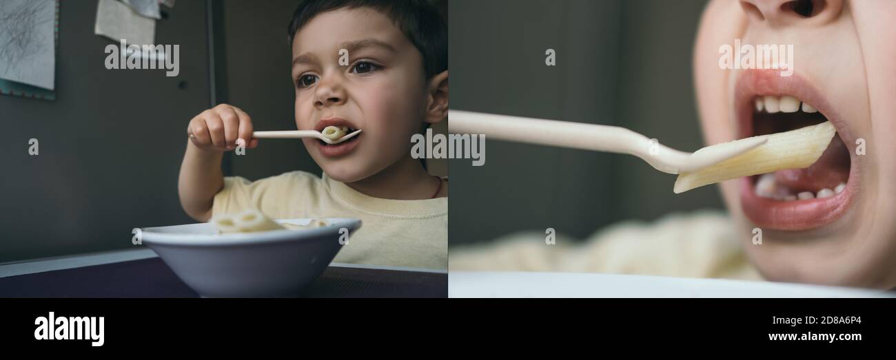 collage of cute brunette boy eating penne pasta with fork, horizontal image  Stock Photo - Alamy