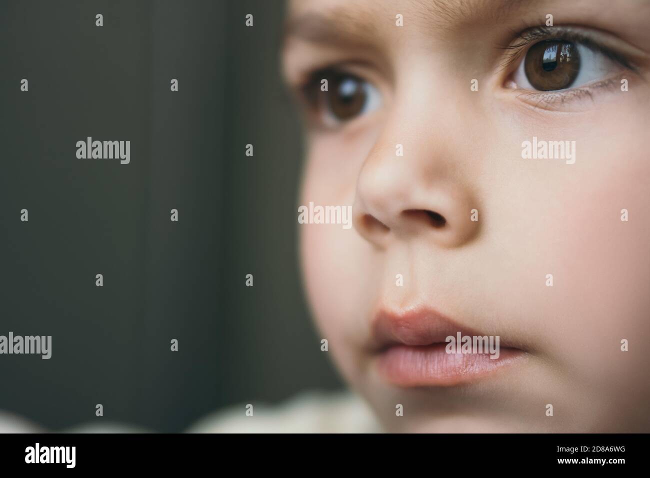 closeup portrait of adorable boy with brown eyes looking away Stock