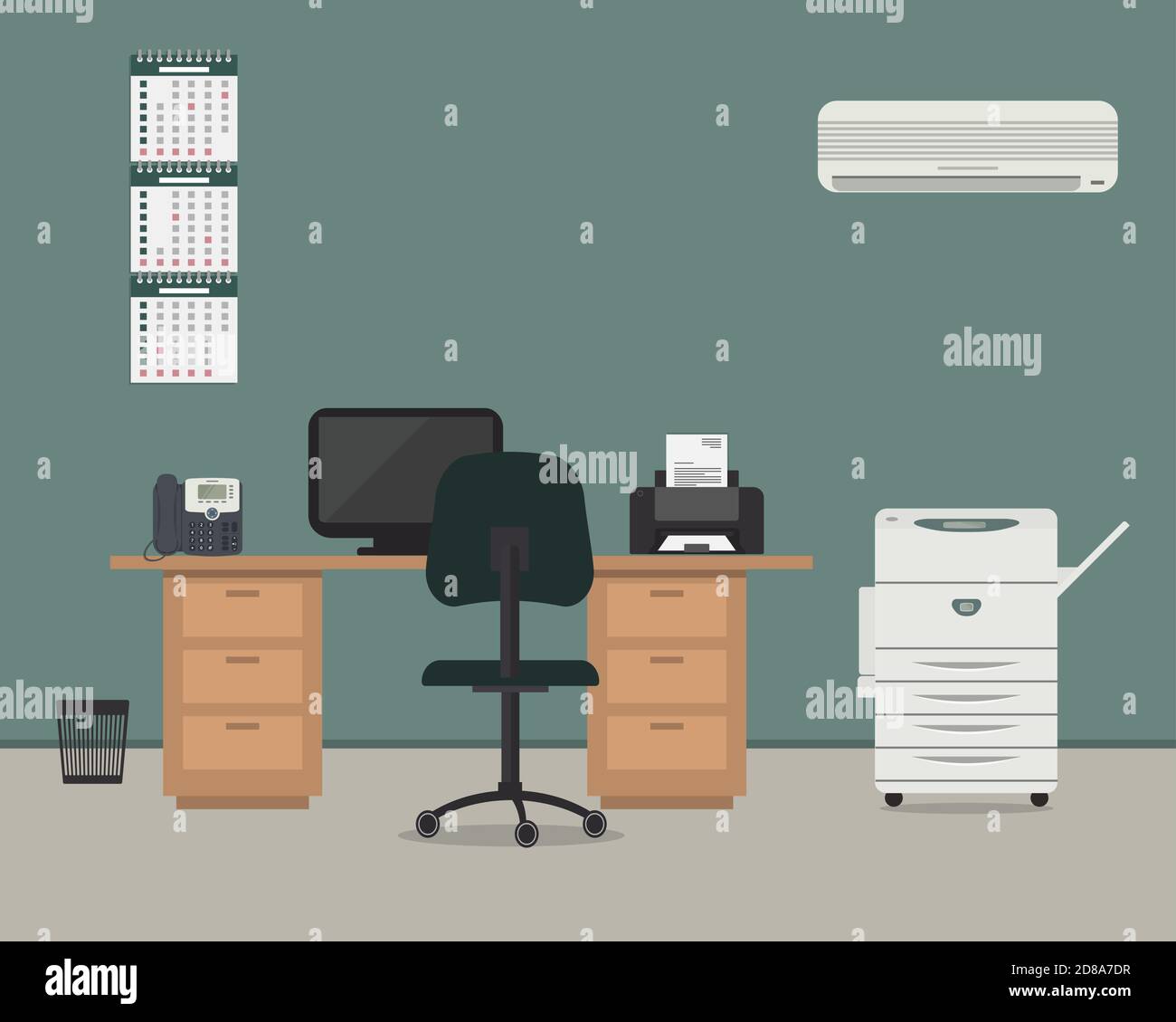 Office room in a green color. Workplace for office worker with furniture. There is a desk, a chair, a phone, a printer, air conditioner, copier Stock Vector