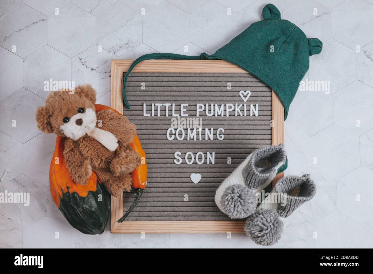 Little pumpkin coming soon sign. Baby announcement sign. Coming soon concept.  Autumn pregnancy. Stock Photo
