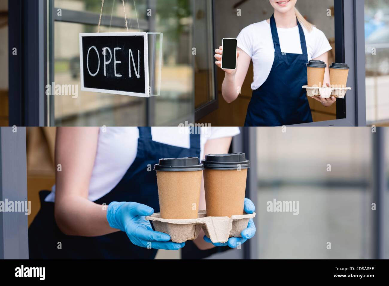 Collage of signboard with open word, waitress in latex gloves holding paper cups, smartphone Stock Photo