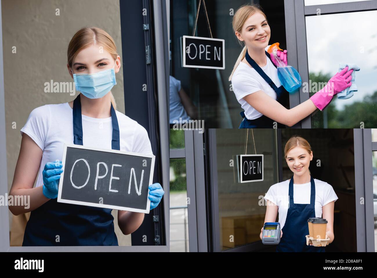 Collage of beautiful waitress holding signboard, cleaning window, holding paper cups and payment terminal Stock Photo