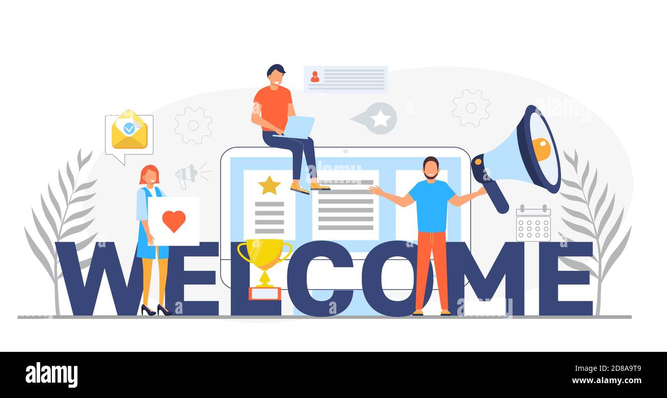 Welcome concept flat vector foe website. Happy tiny people are near huge text. Cartoon office teamwork and are greeting clients in online office, shop Stock Vector