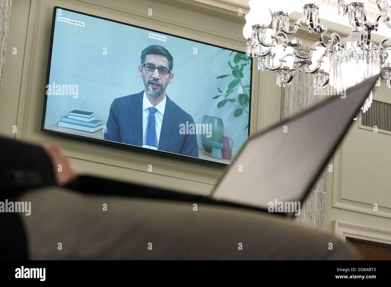 Washington, United States. 28th Oct, 2020. Google CEO Sundar Pichai testifies remotely at a hearing to discuss reforming Section 230 of the Communications Decency Act with big tech companies on Wednesday, October 28, in Washington, DC. Pool Photo by Greg Nash/UPI Credit: UPI/Alamy Live News Stock Photo