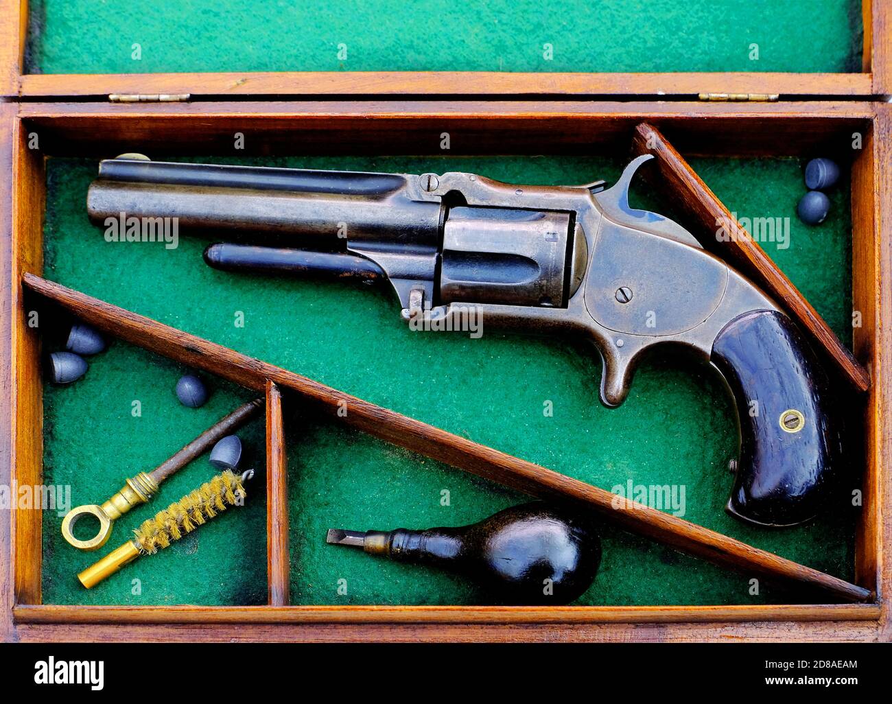 Original Smith and Wesson 1 1/2 .32 5 shot revolver in case with molded lead bullets Stock Photo