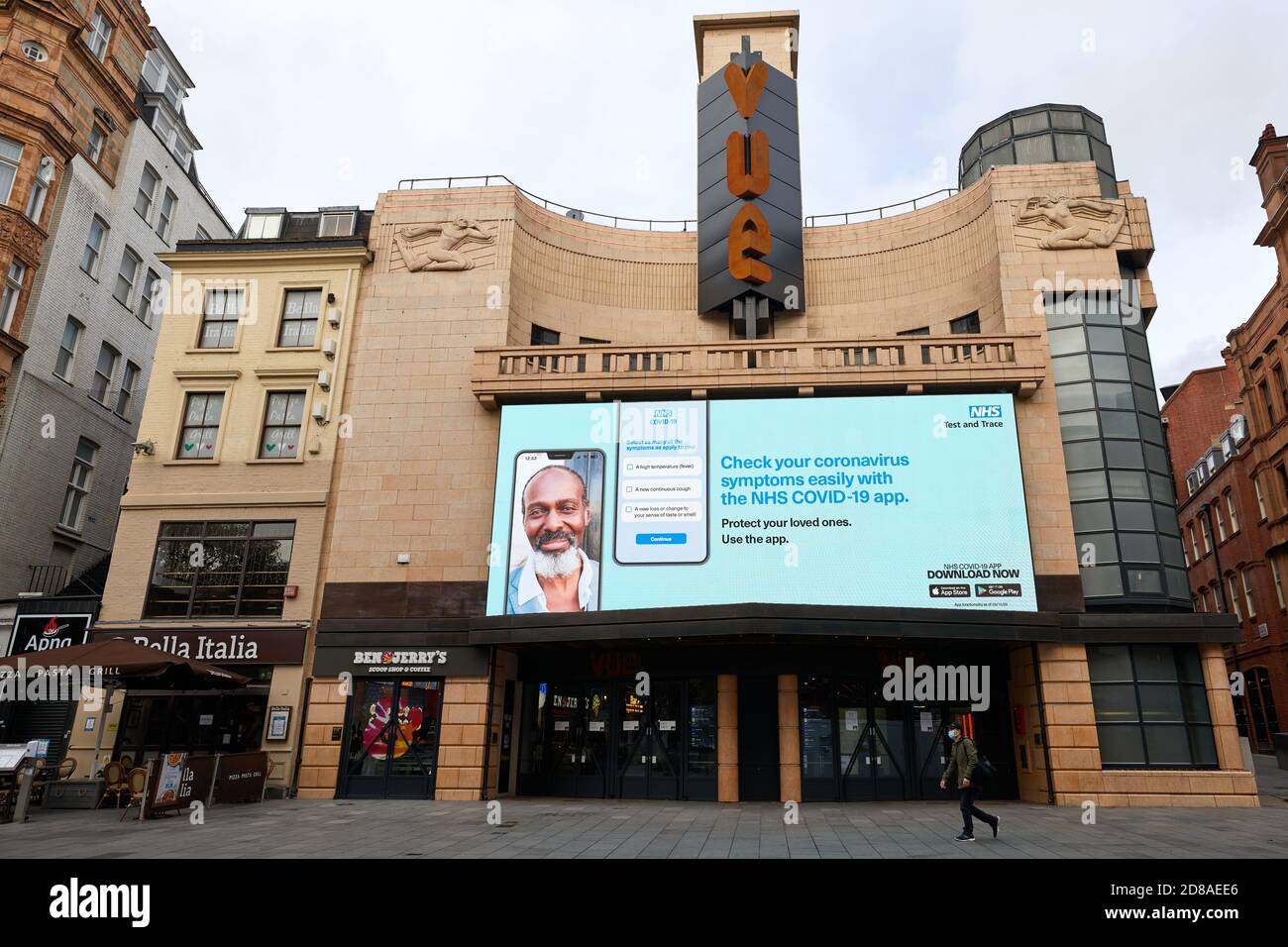 London, UK. - 28 Oct 2020: The huge electronic redograph at the Vue Cinema in Leicester Square is being used to display government coronvirus adverts in the absence of new films to promote. Stock Photo