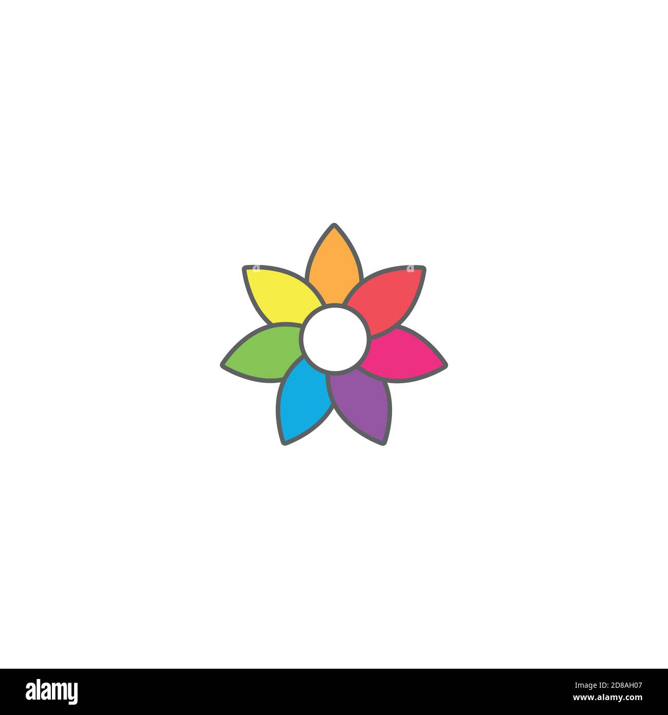 Bright multicolored sunflower with grey outline. flat icon. Bloom with big sharp petals and round core. Isolated on white. Vector illustration. Nature Stock Vector