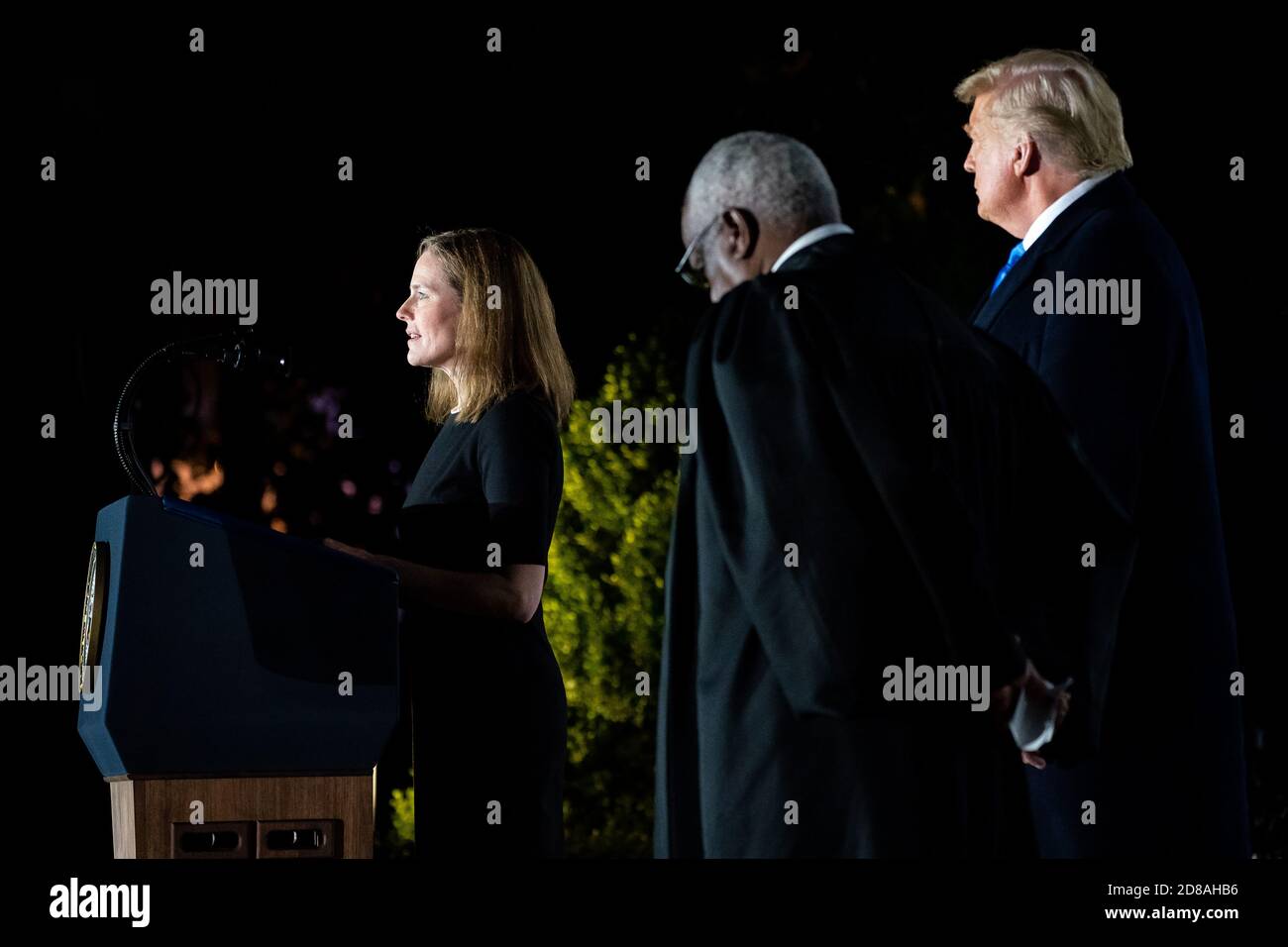 U.S. Supreme Court Associate Justice Amy Coney Barrett delivers remarks Monday, Oct. 26, 2020, during her swearing-in ceremony on the South Lawn of the White House. (USA) Stock Photo