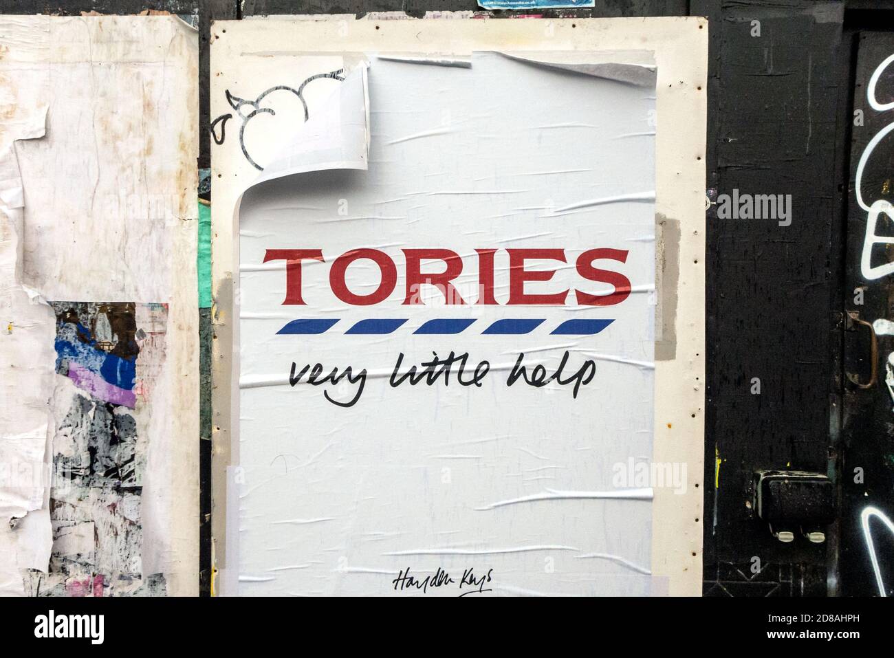 Brighton, October 28th 2020: Anti-Tory guerrilla street art, parodying Tesco's 'Every Little Helps' slogan in Brighton this afternoon Stock Photo
