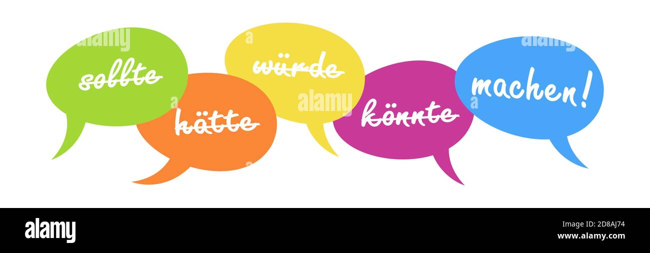 EPS vector illustration of speech bubbles with different woulds and coulds and DO IT motivation (text in german) Stock Vector