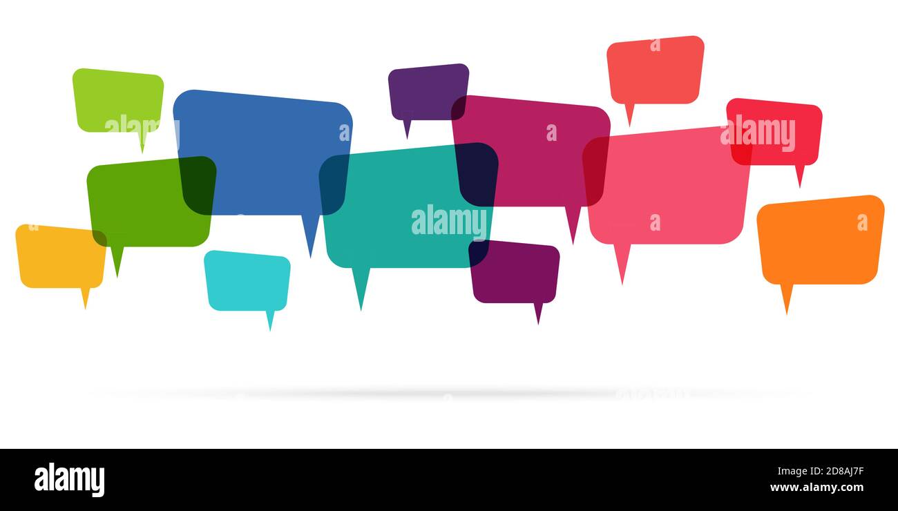 illustration of colored speech bubbles in a row with space for text symbolizing communication process Stock Vector