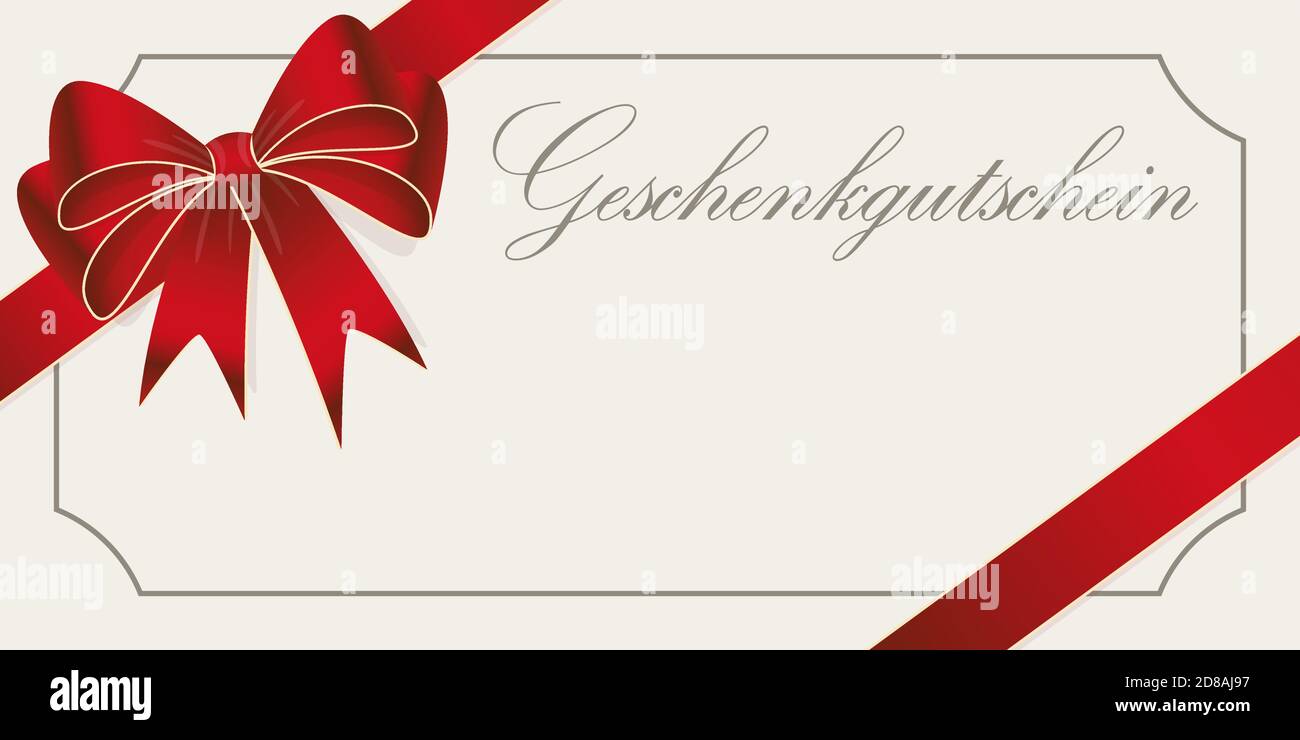 EPS 10 vector illustration of gift voucher (text in german) with red colored satin band and ribbon bow and free space for text Stock Vector