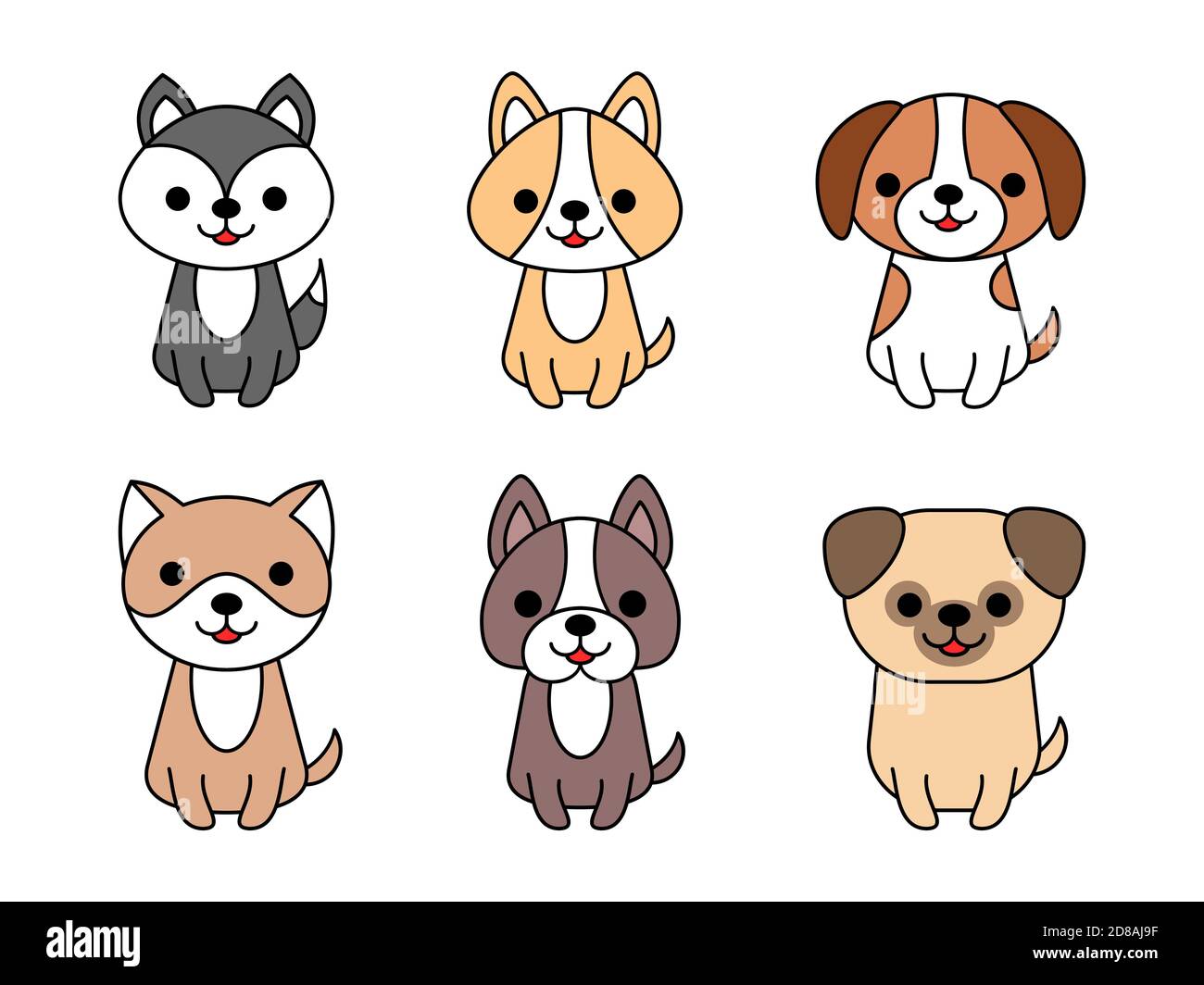 Cute dogs set. Six dogs pack. Dog breeds collection. Cartoon kawaii puppy characters. Husky, Corgi, Beagle, Akita Inu, Bulldog, Pug. Isolated on white Stock Vector