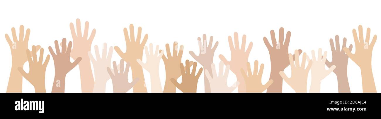 illustration of many different skin colored people stretch their hands up symbolizing cooperation or diversity friendship Stock Vector