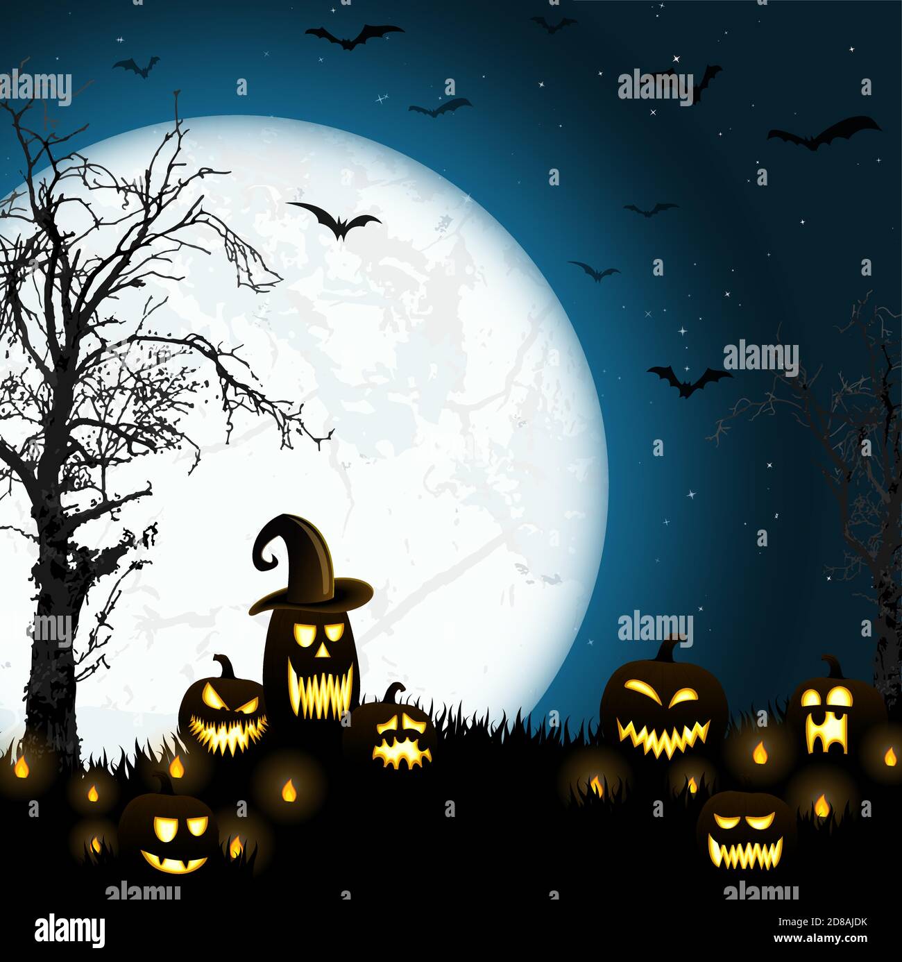 spooky halloween dead tree with some scary pumpkins in front of an full moon with bats Stock Vector