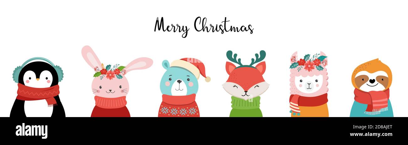 Cute Christmas safari animals. Sloth, llama, bunny, polar bear. Merry Christmas baby animals wearing warm clothes, sweater, scarf and hats  Stock Vector