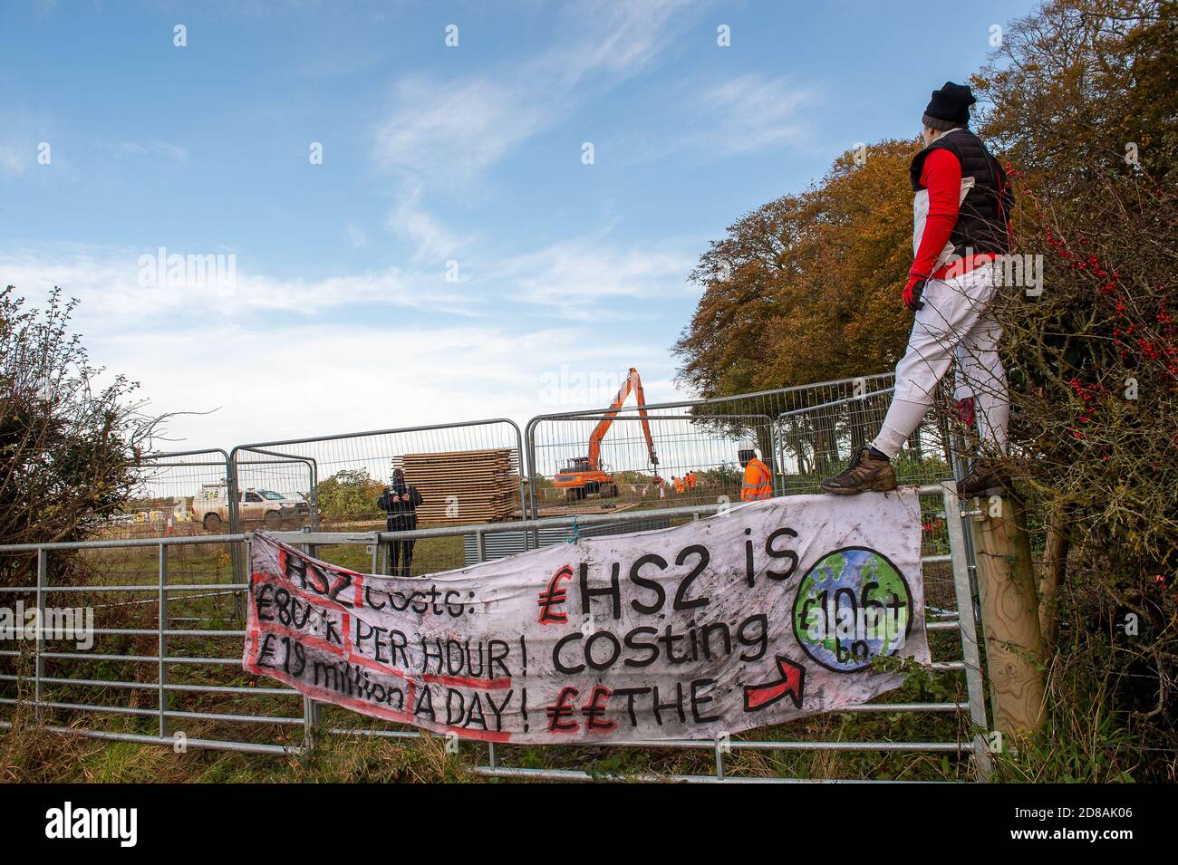 Aylesbury Vale, Buckinghamshire, UK. 28th October, 2020. HS2 were cutting huge limbs off trees in Grim's Ditch this morning watched on by a distraught peaceful lone female anti HS2 protester. Environmental campaigners allege that HS2 do not have a wildlife licence allowing them to fell in this area. HS2 were not able to provide the licence. The construction of the highly controversial and over budget High Speed Rail from London to Birmingham puts 108 ancient woodlands, 33 SSSIs and 693 wildlife sites at risk. Credit: Maureen McLean/Alamy Live News Stock Photo