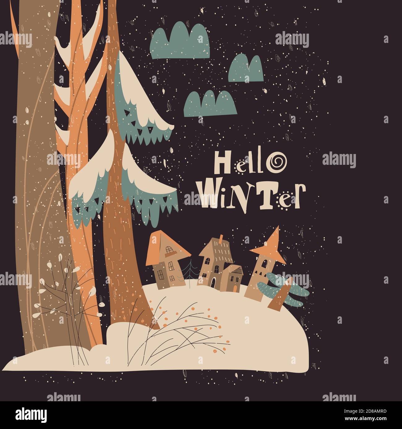 Winter night landscape with little village in the forest Stock Vector ...