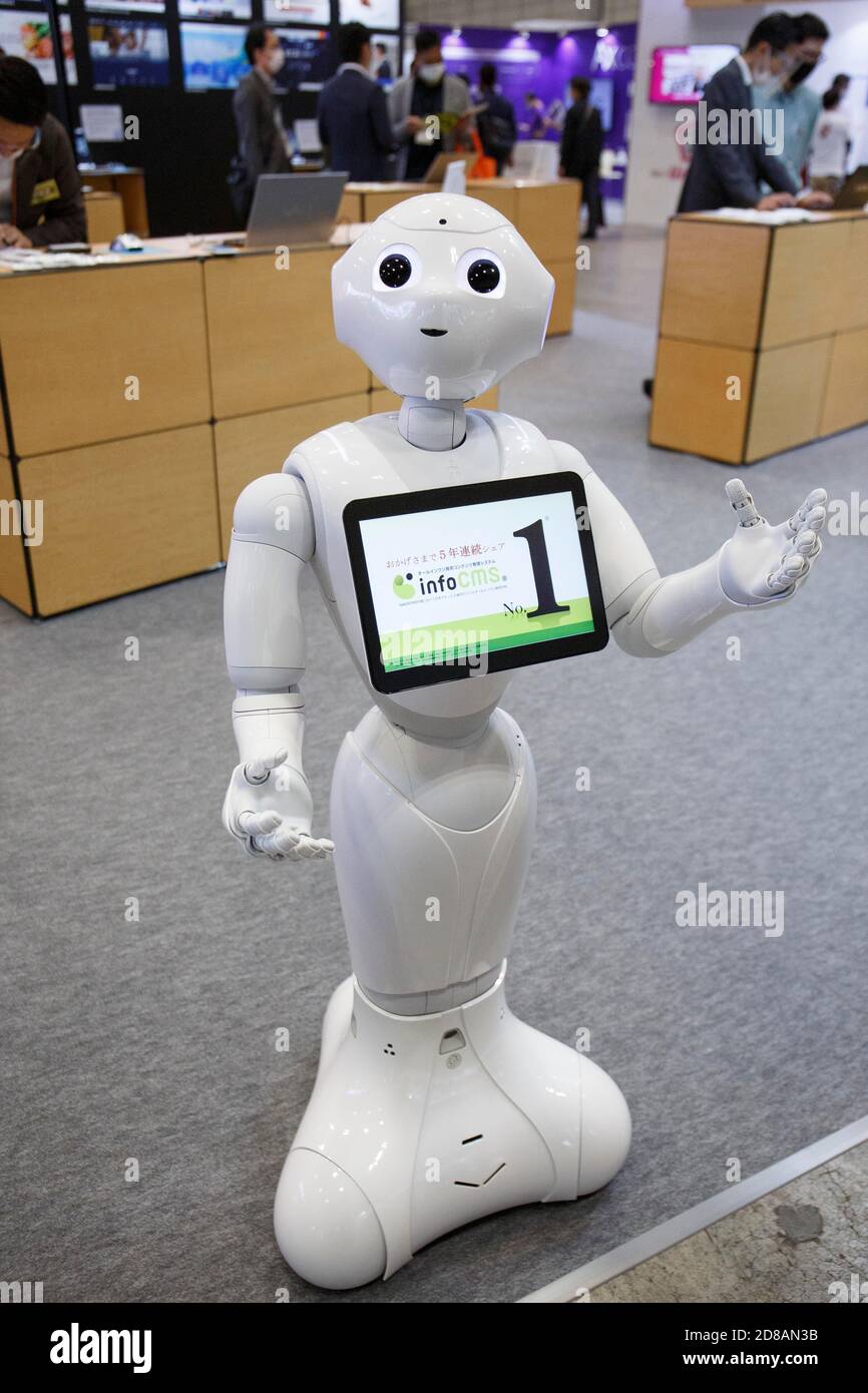 Chiba, Japan. 28th Oct, 2020. Humanoid robot Pepper is seen during the  Japan IT Week Autumn 2020 in Makuhari Messe, near Tokyo. The exhibition  consists of 11 exhibitions including (1st Artificial Intelligence