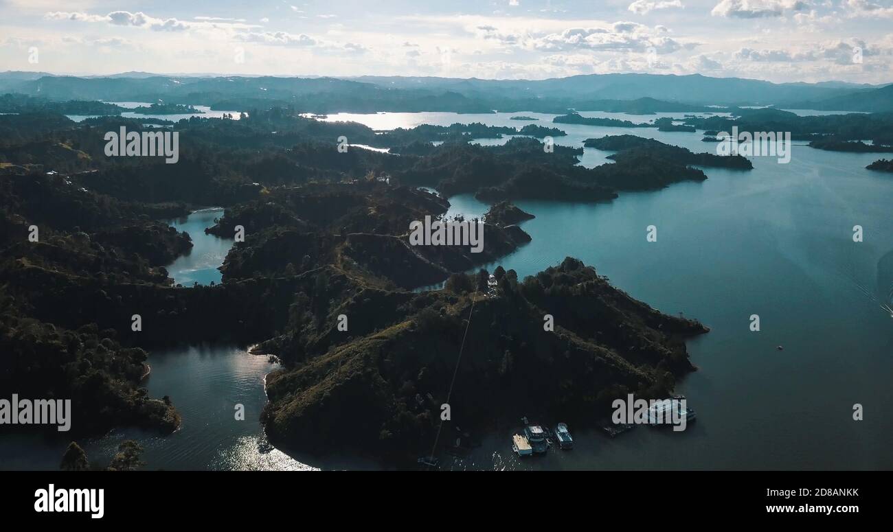 Aerial view of the beautiful river and landscape in El Penol in Guatape, Colombia Stock Photo