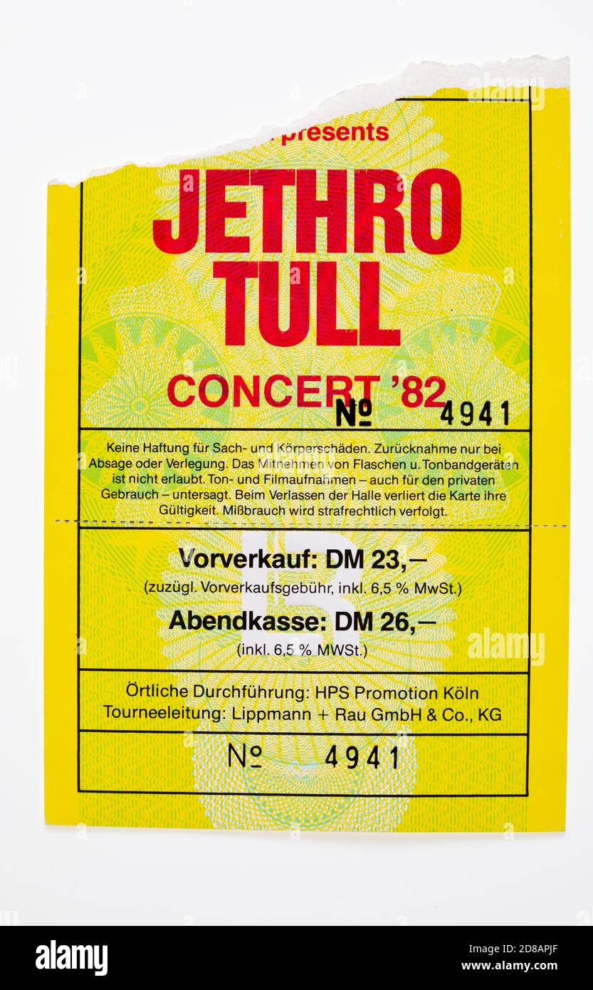 Jethro Tull ticket stub from the 1982 Broadsword world tour. German leg. Cologne Koln Sporthalle, :11th April 1982. *This is a stock photo, not a tick Stock Photo