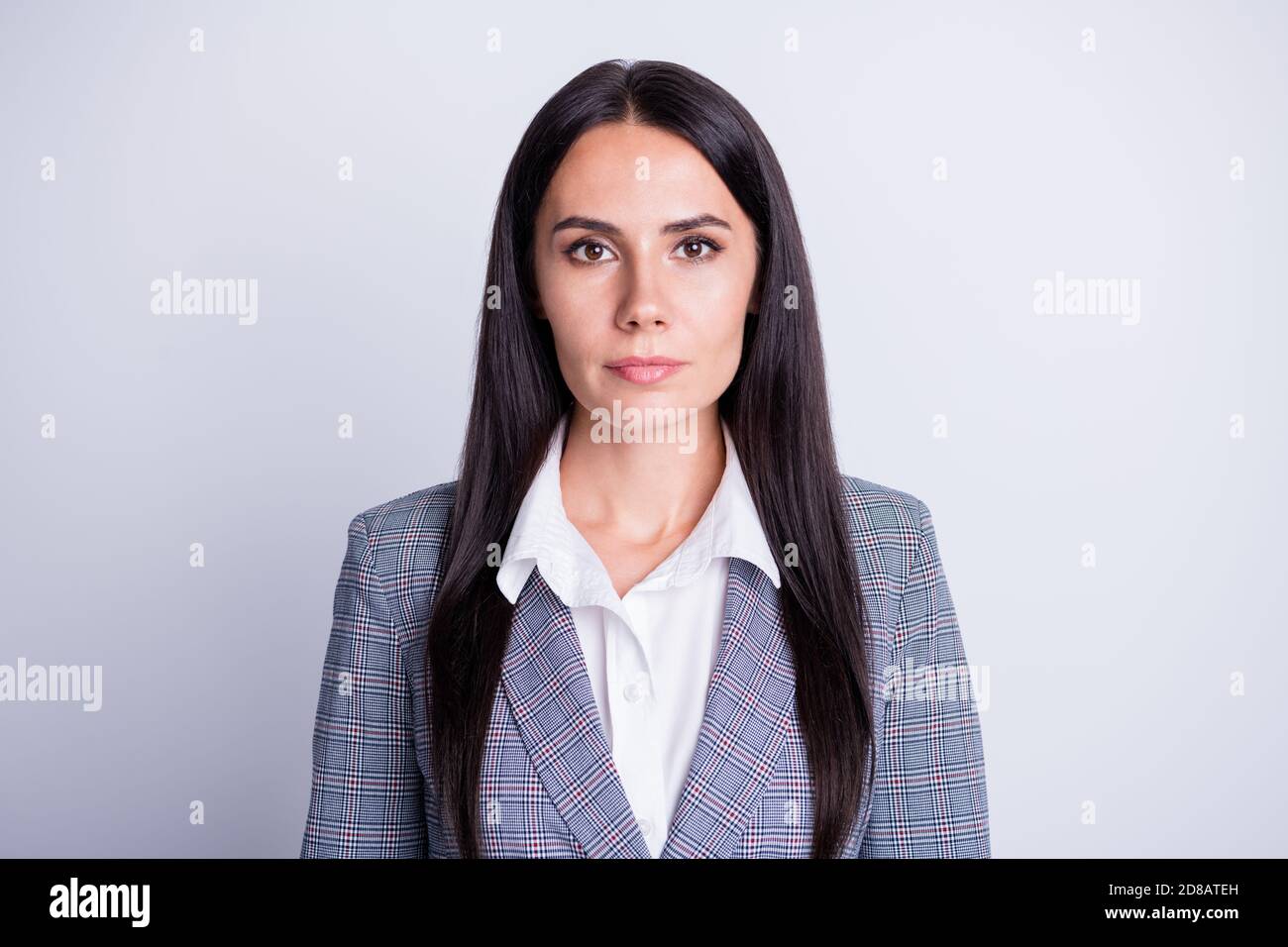 Portrait of serious smart marketer financier business woman look good ...