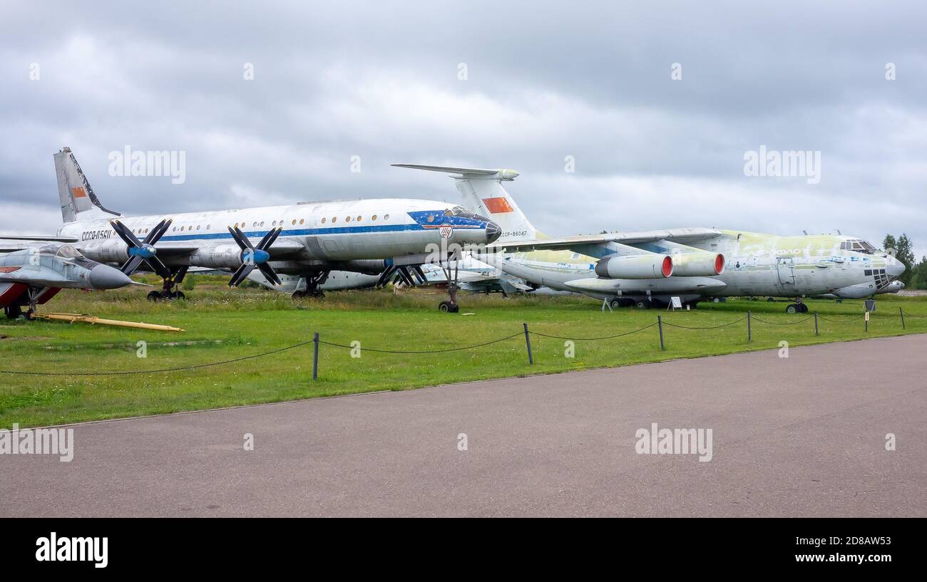 July 18, 2018, Moscow region, Russia. Soviet turboprop passenger aircraft Tupolev Tu-114 at the Central Museum of the Russian Air Force in Monino. Stock Photo