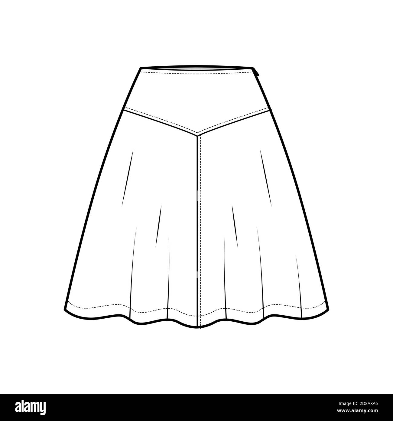 Skirt yoke technical fashion illustration with abovetheknee lengths