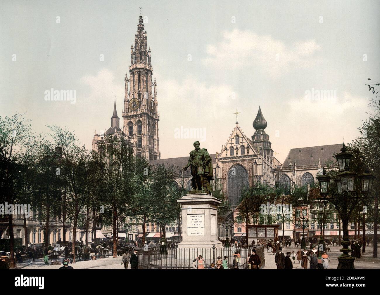 Place Verte and cathedral, Antwerp, Belgium, circa 1900 Stock Photo
