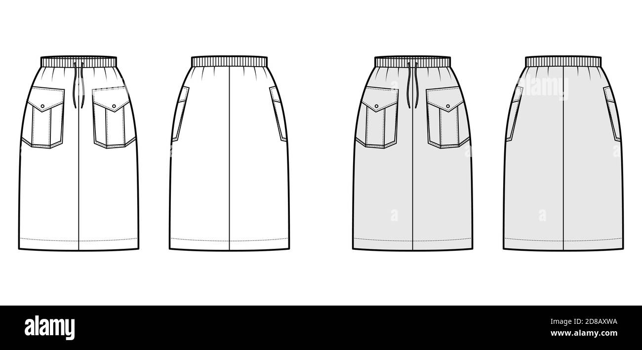 Skirt cargo technical fashion illustration with knee length, pockets ...