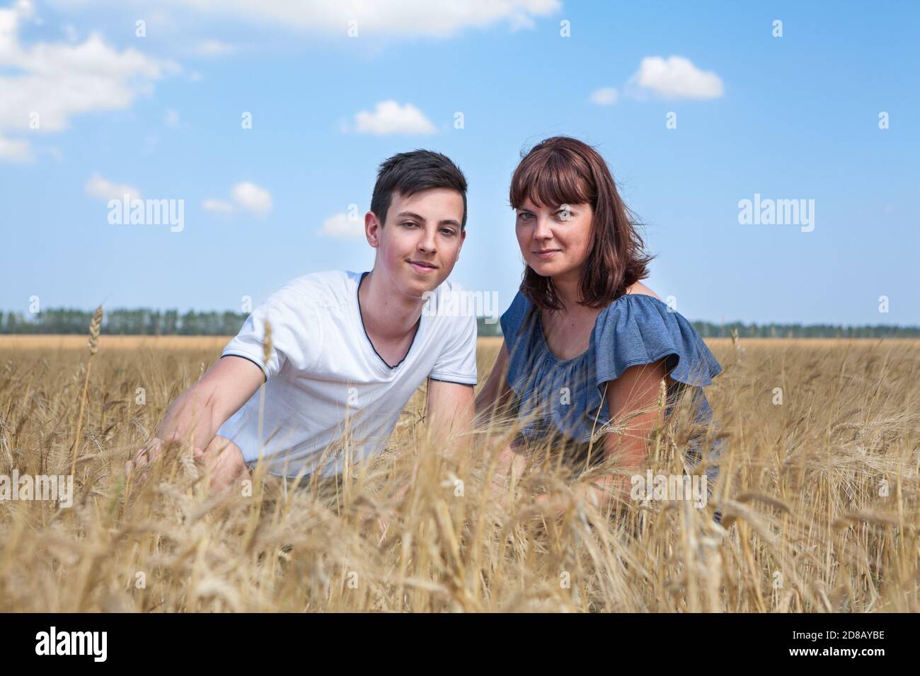 Adult mother with her teenage son sitting in yellow wheat fields, two Caucasian people Stock Photo