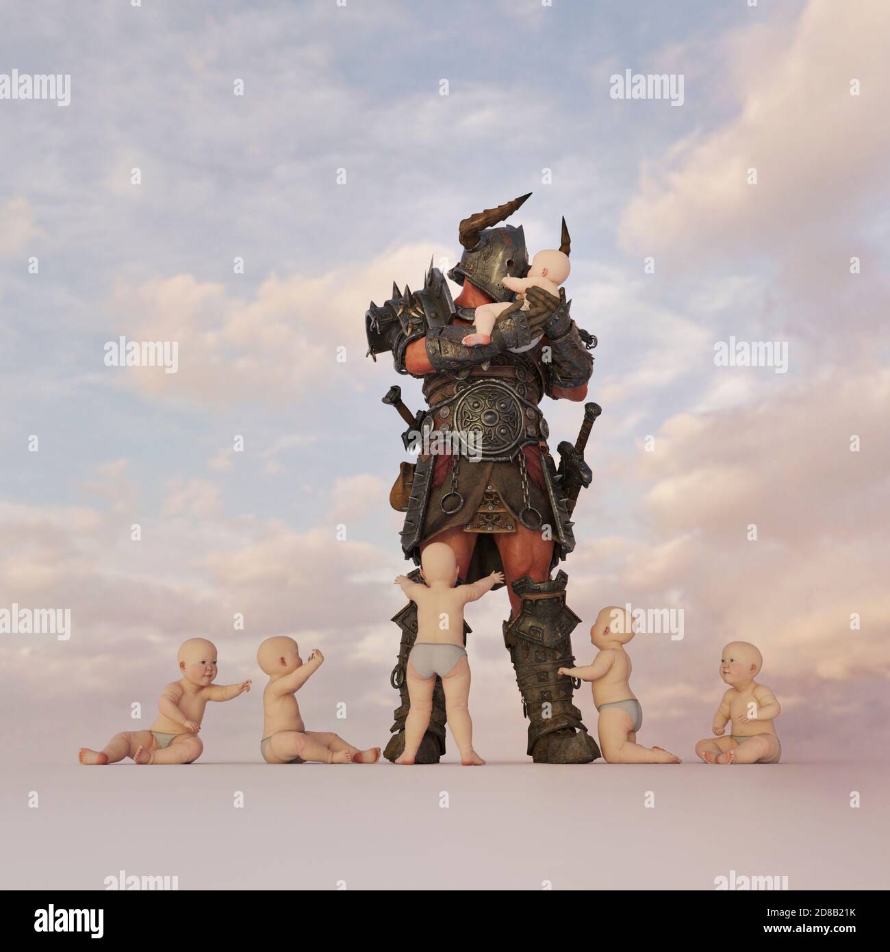 Warrior holding babies, bizarre and surreal, CGI figures no MR required Stock Photo