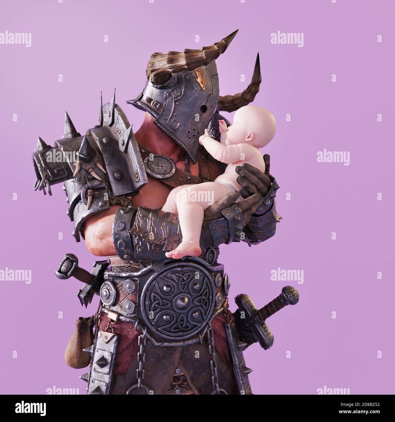 Warrior in armour holding baby, CGI figures no MR required Stock Photo