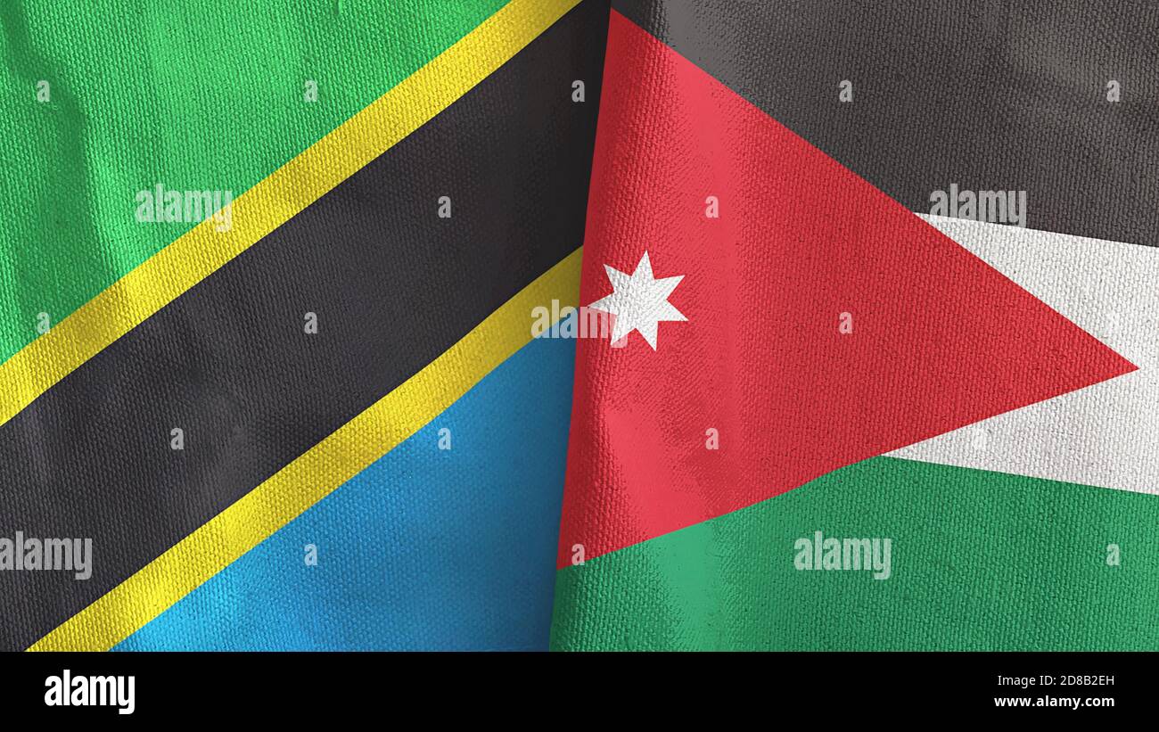 Jordan and Tanzania two flags textile cloth 3D rendering Stock Photo