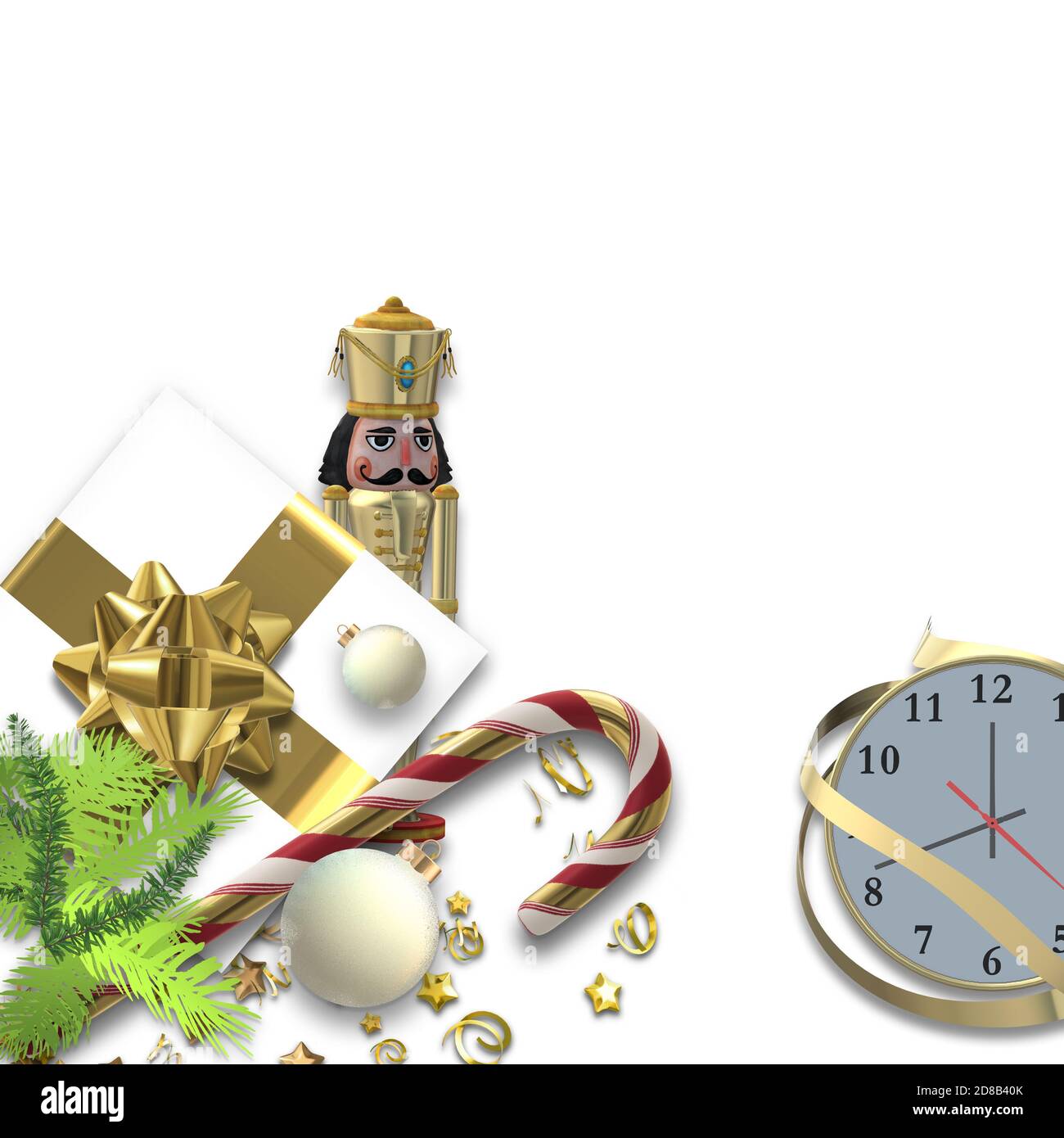 Design of Christmas symbols. Nutcracker, Xmas gift box, candy cane on
