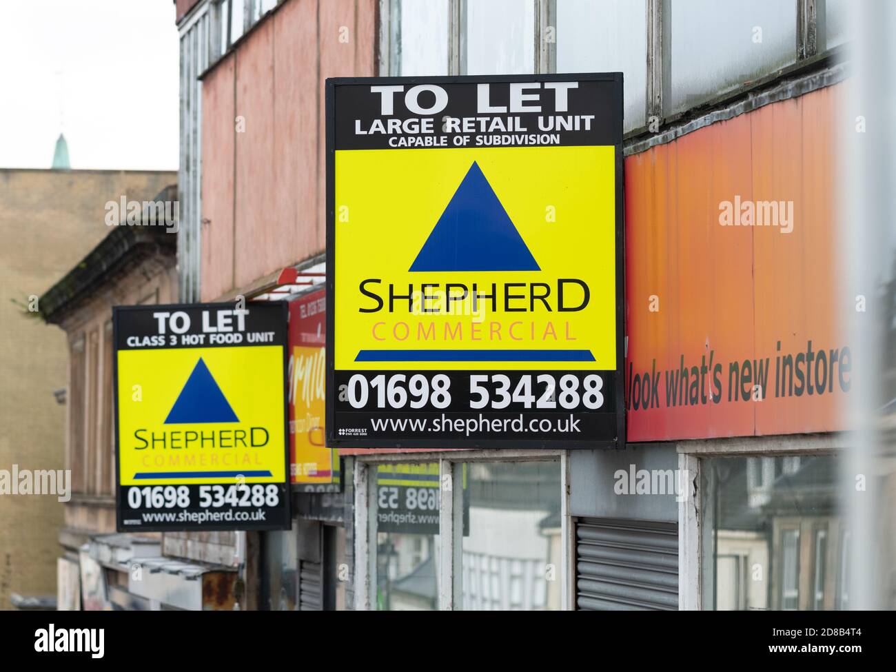 To Let signs on a commercial property, Airdrie, North Lanarkshire, Scotland, UK Stock Photo