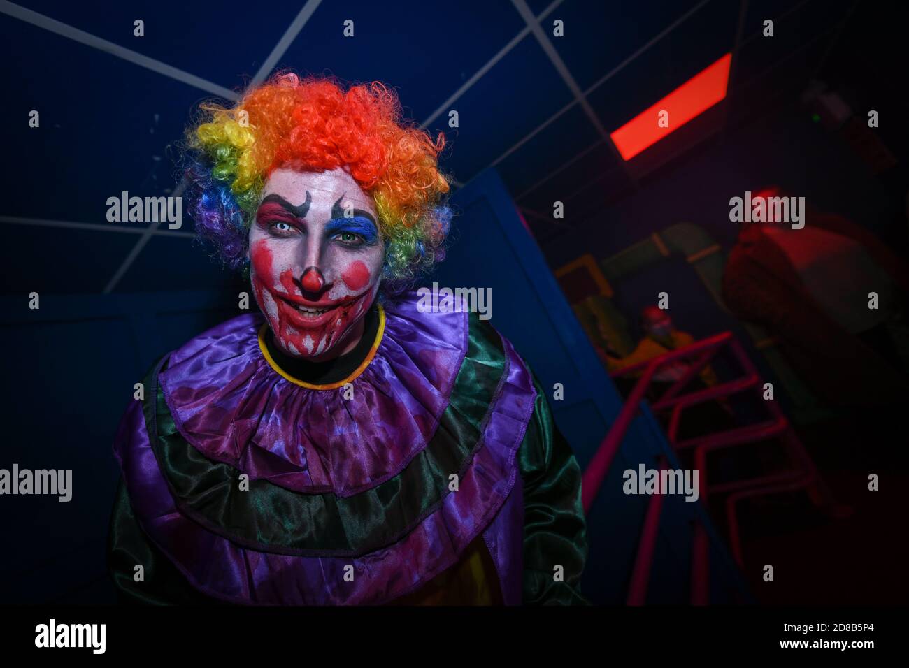 Great Yarmouth, UK. Wednesday 28 October 2020. Scare actors in Halloween costumes frighten guests at Pleasure Beach's Fairground Frights in Great Yarmouth. Credit: Thomas Faull/Alamy Live News Stock Photo