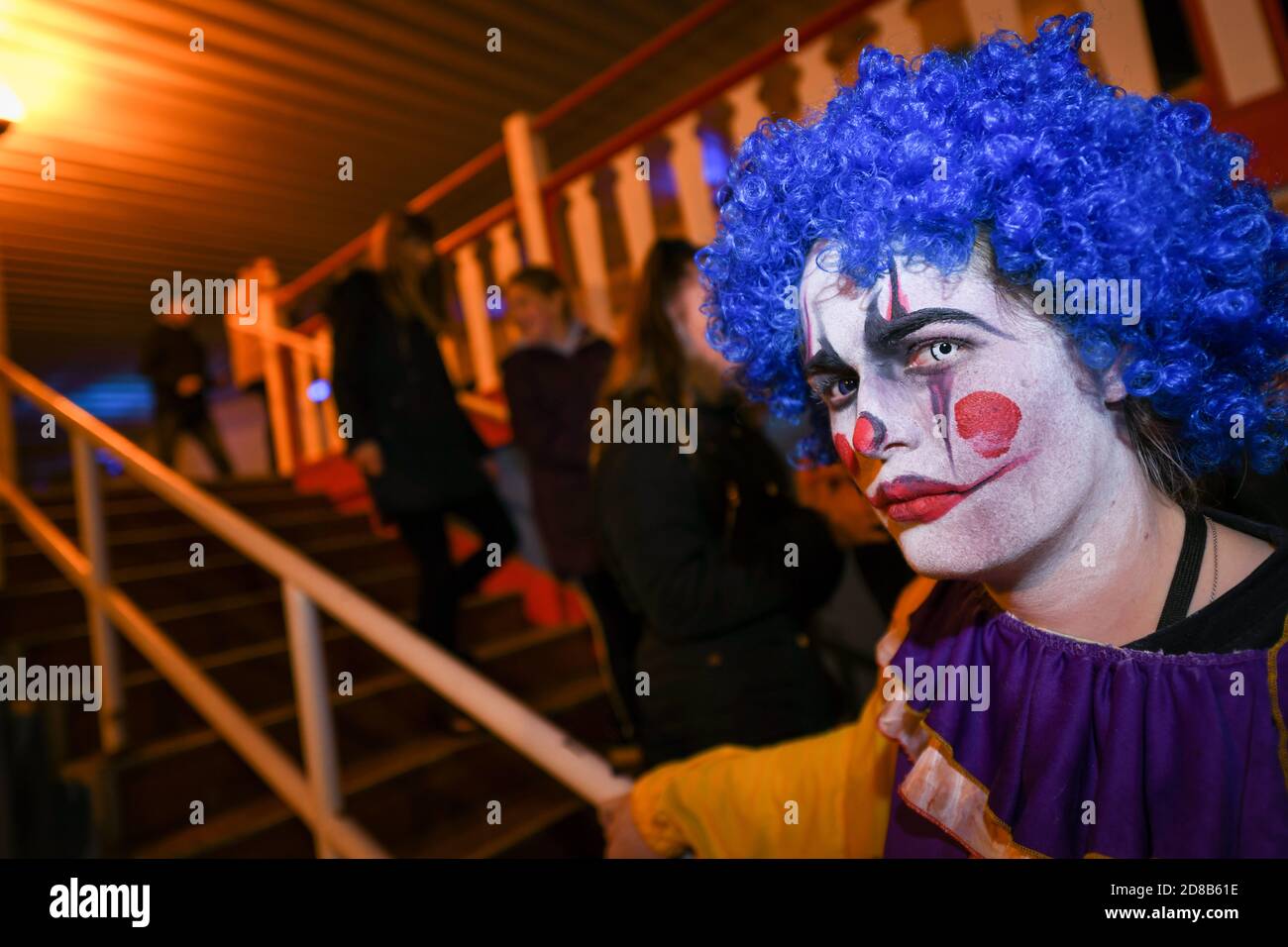 Great Yarmouth, UK. Wednesday 28 October 2020. Scare actors in Halloween costumes frighten guests at Pleasure Beach's Fairground Frights in Great Yarmouth. Credit: Thomas Faull/Alamy Live News Stock Photo