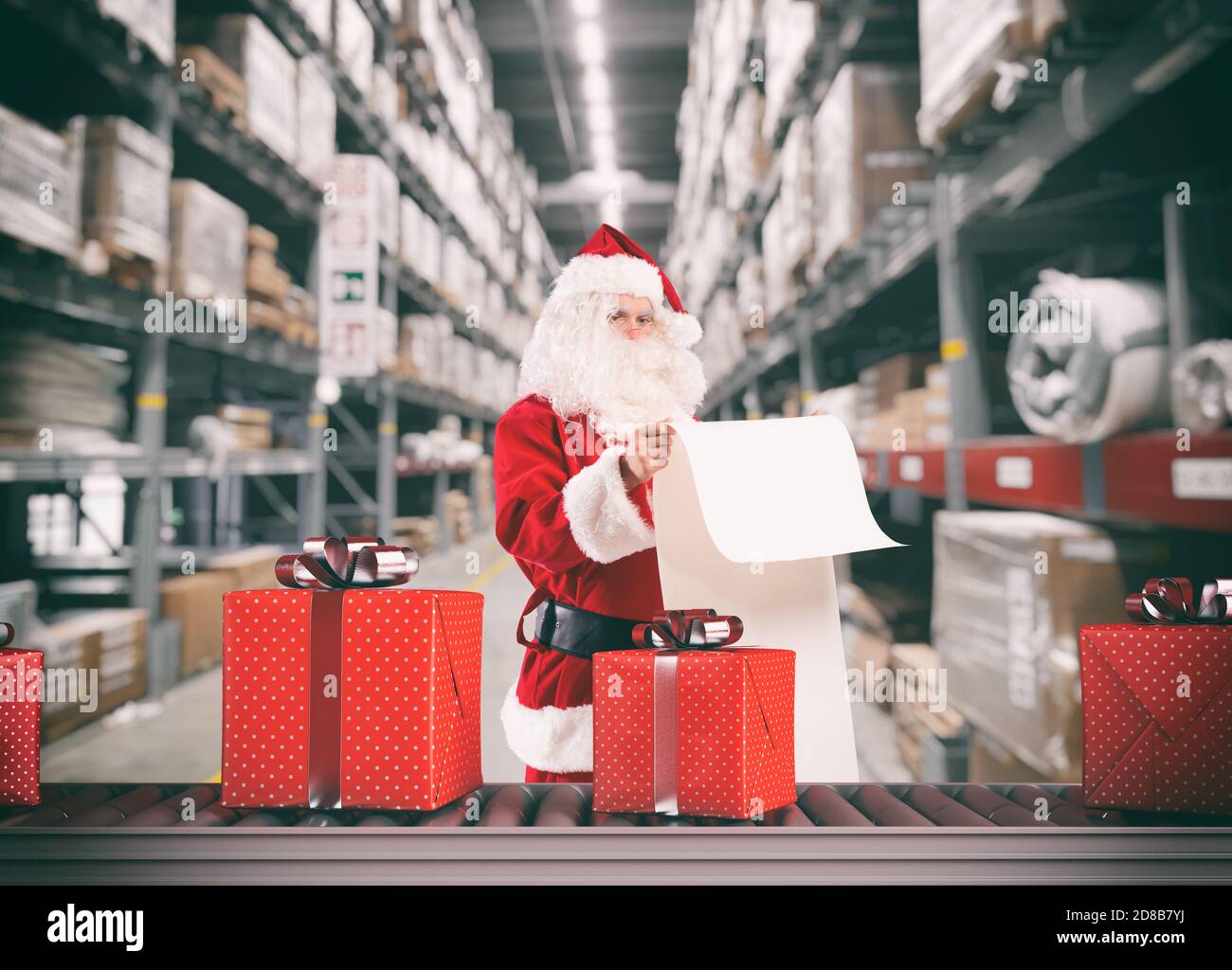 Santa Claus busy with the orders of Christmas gifts in a warehouse Christmas Warehouse