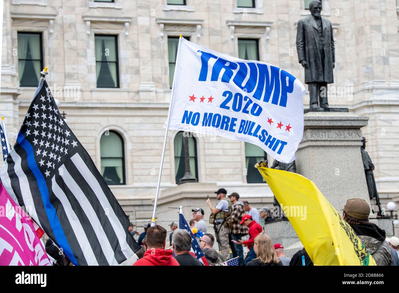St. Paul, Minnesota. United We Stand & Patriots March. Protesters rally in support of Trump and against statewide pandemic policies they say are infri Stock Photo
